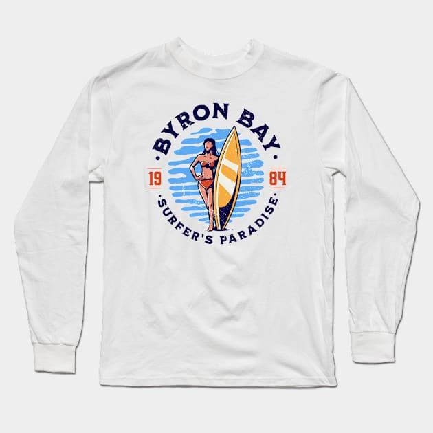 Vintage Byron Bay, Australia Surfer's Paradise // Retro Surfing 1980s Badge B Long Sleeve T-Shirt by Now Boarding